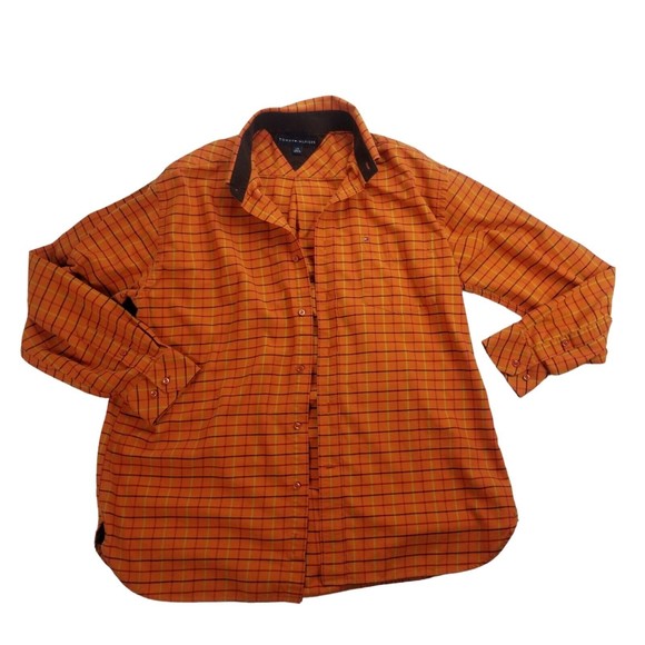 Tommy Hilfiger Button Down Long Sleeve Shirt Mens Sz L Orange Windowpane - Picture 5 of 16